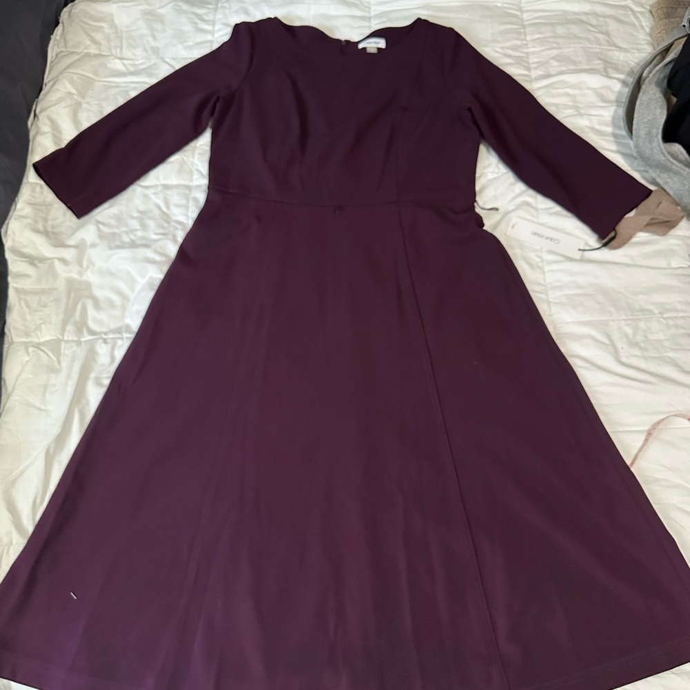 Calvin Klein Purple Pleated A-Line Dress V-Neck 3/4 Sleeve